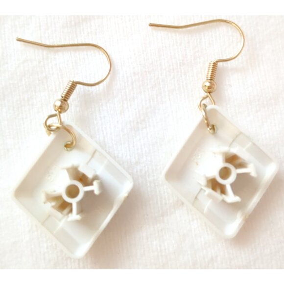 White Keycap Earrings Gold Tone Hook Handmade Upcycled Keyboard Jewelry - Picture 2 of 2